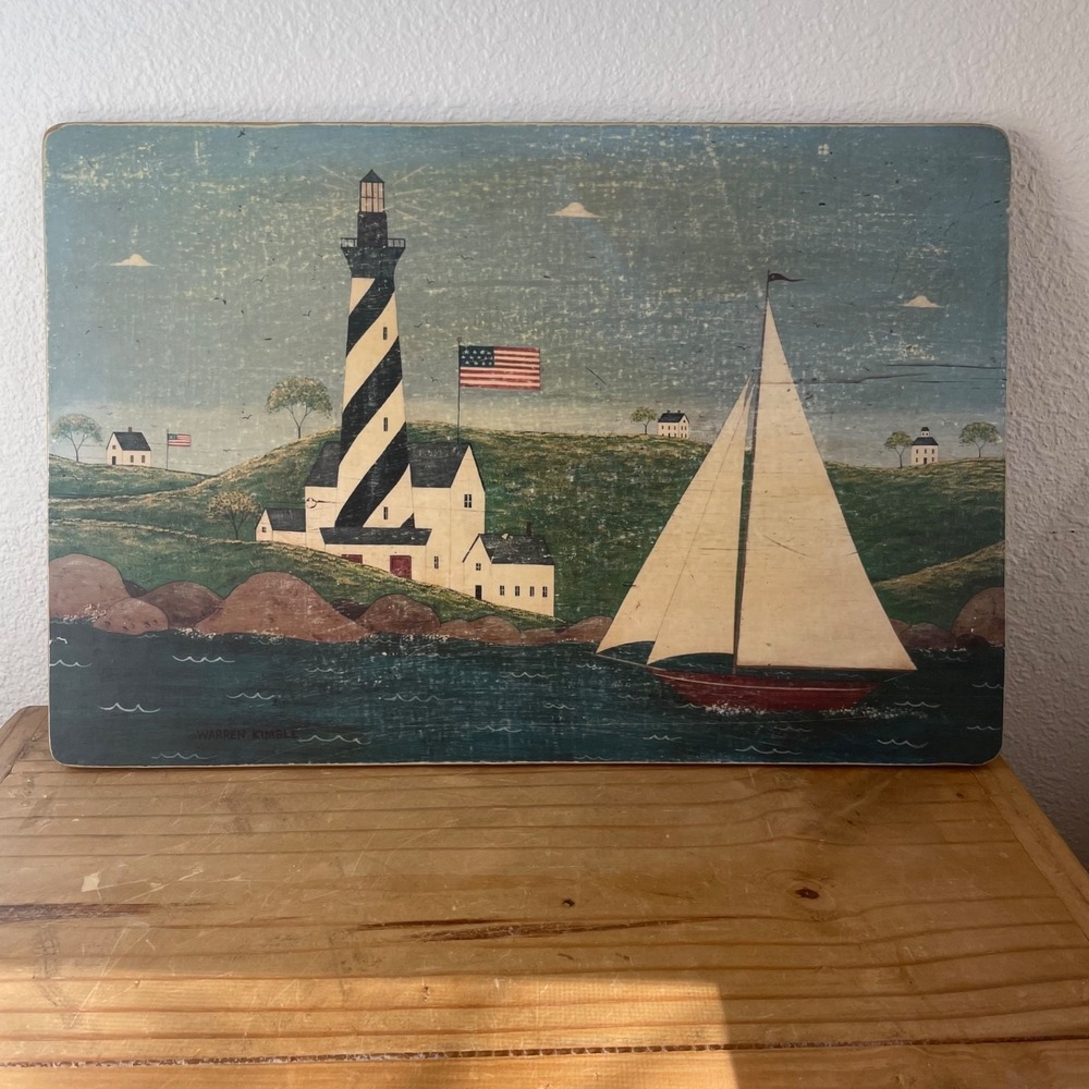 Warren Kimble Lighthouse Wood Panel Folk Art Americana Coastal Primitive Decor